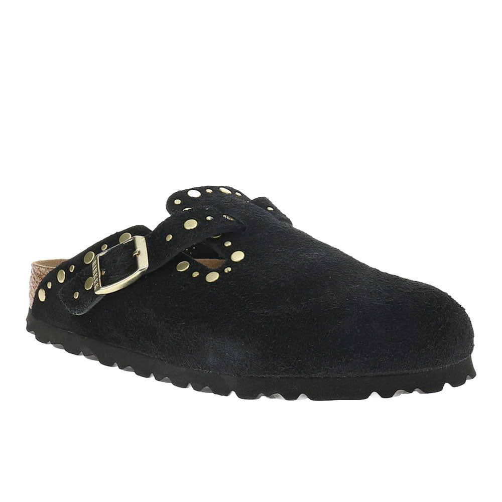 Shop Black Womens Boston Rivets Suede Leather Clogs – Shoebacca