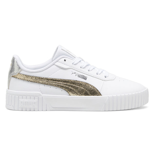Shop White Womens Puma Carina 2.0 Metallic Shine Lace Up Sneakers