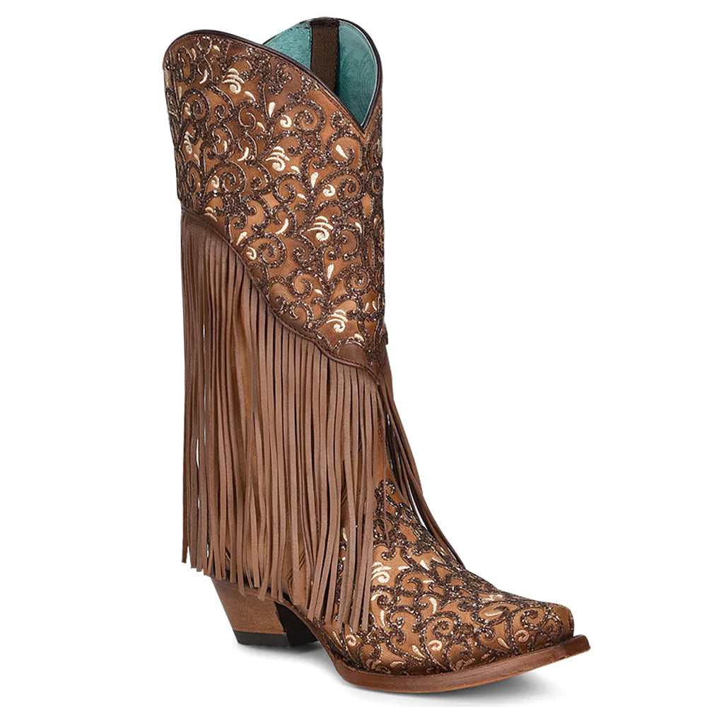 Shop Brown Womens Corral Boots Caracas Fringe Glitter Tooled Inlay