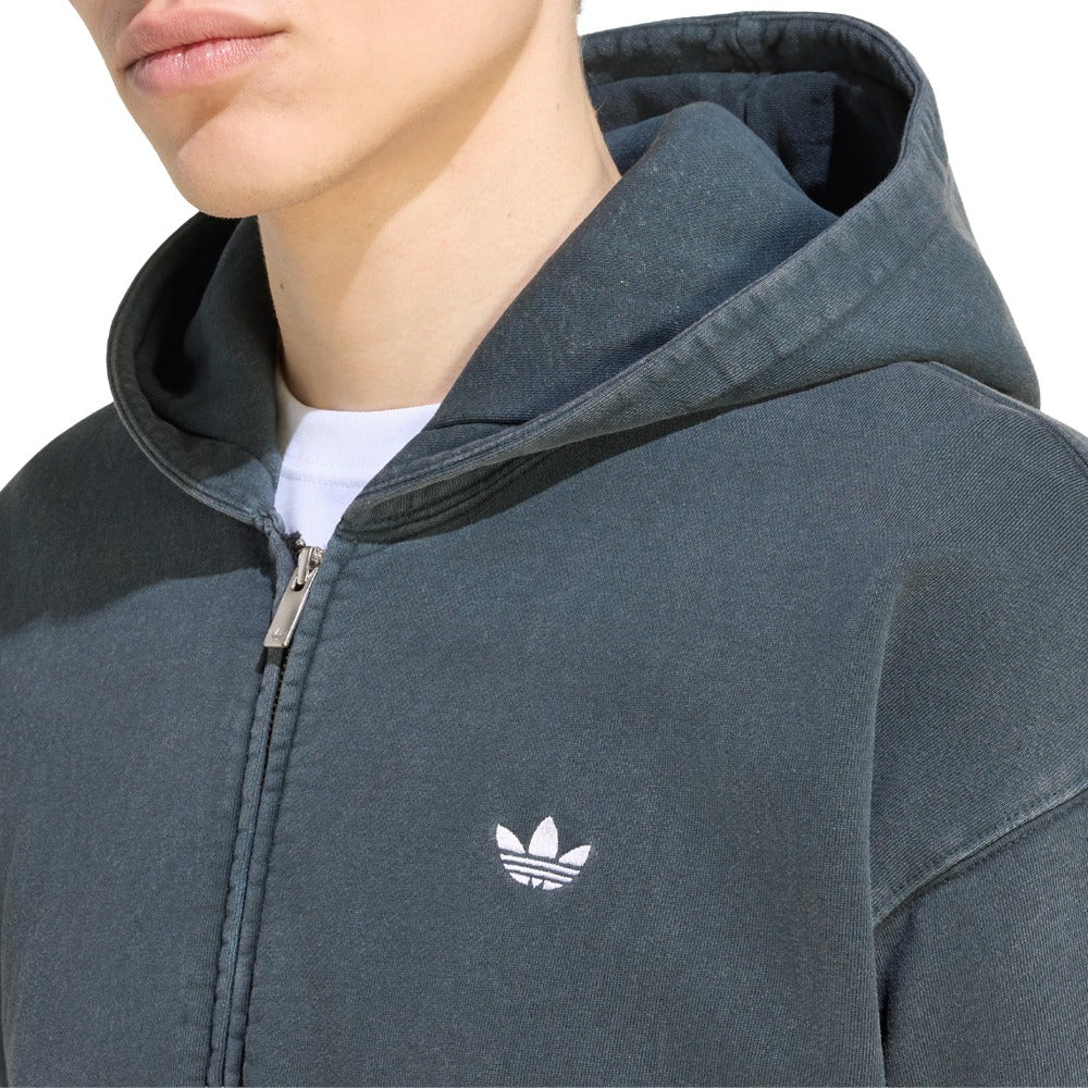 Shop Black Mens Trefoil Essentials Washed Full Zip Loose Hoodie
